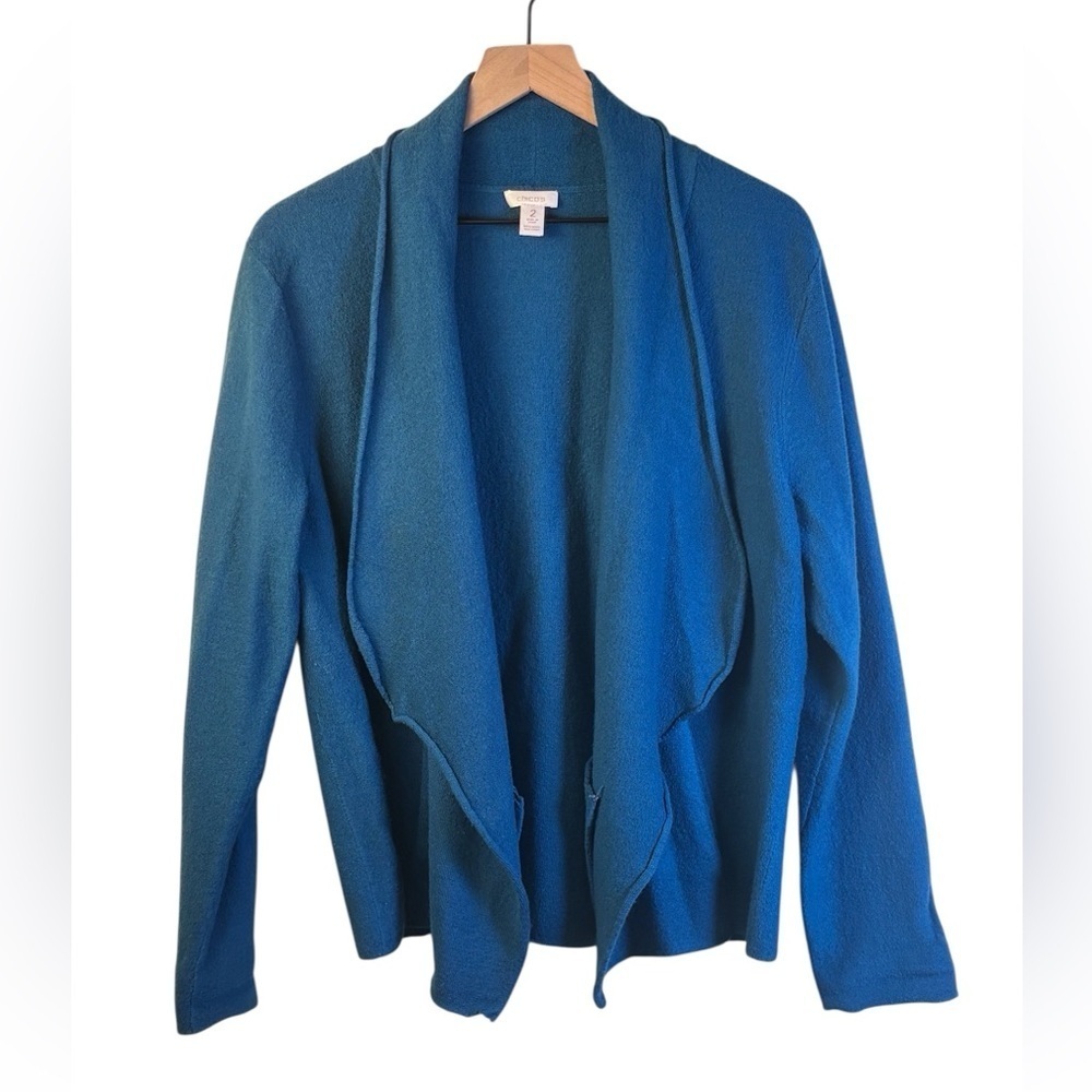 Chico’s 100% Wool Blue Open Front Women's Sweater cardigan Jacket Size 2 (Large)